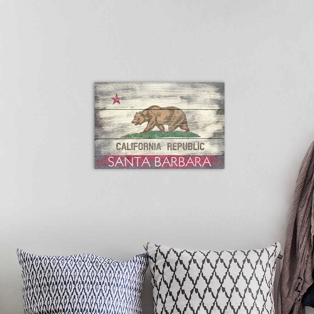 A bohemian room featuring Santa Barbara, California, California State Flag, Barnwood Painting