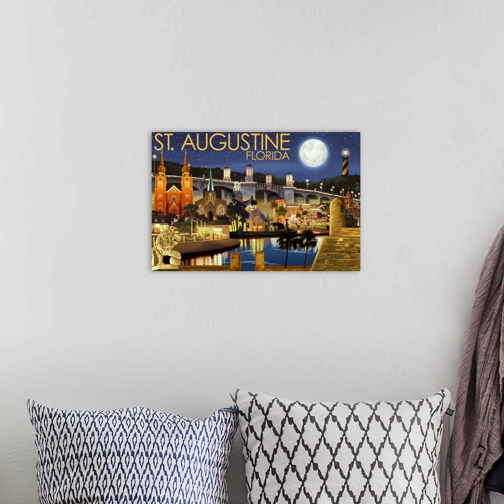 A bohemian room featuring Retro stylized art poster of a city skyline at night, with a giant moon in the sky illuminating t...