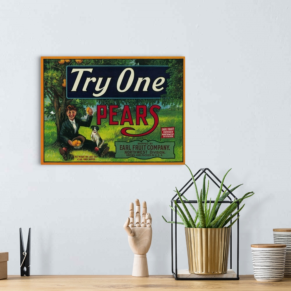 A bohemian room featuring Try One Pear Crate Label