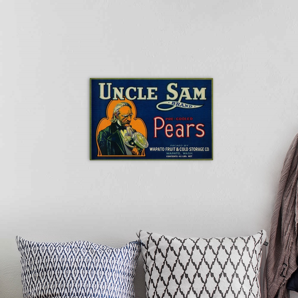 A bohemian room featuring Uncle Sam Pear Crate Label, Wapato, WA