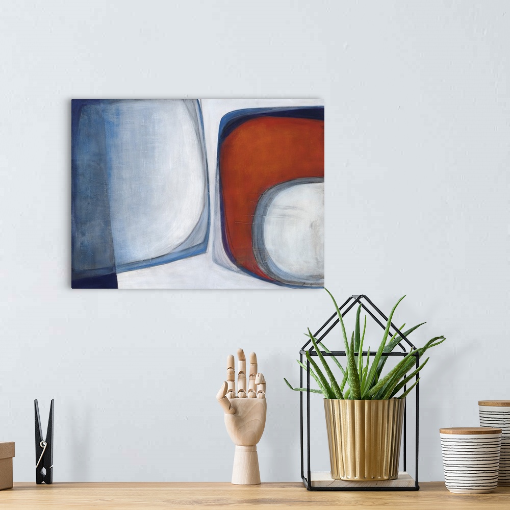 A bohemian room featuring Retro mid-century inspired contemporary abstract painting using muted red and blues.