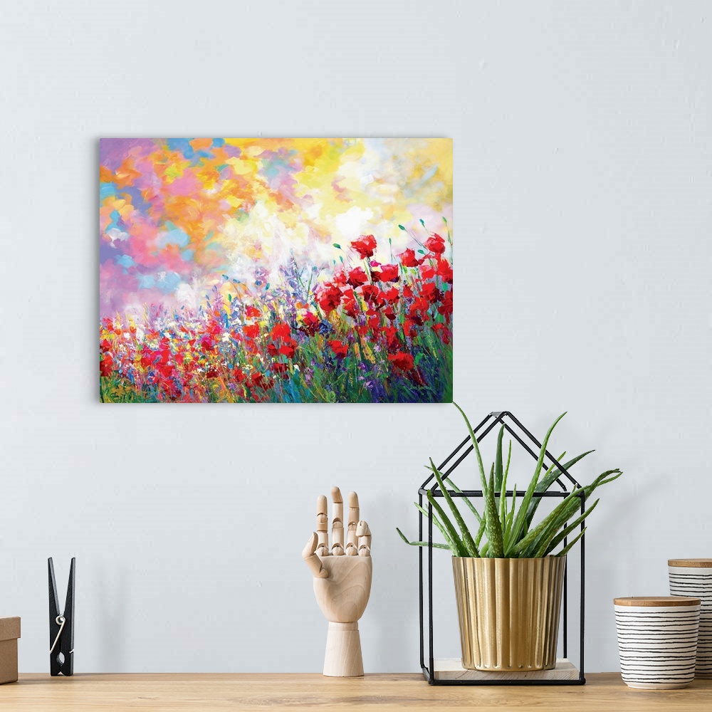 A bohemian room featuring Abstract impressionist painting of poppy flowers and other blooms. The wildflowers of spring are ...