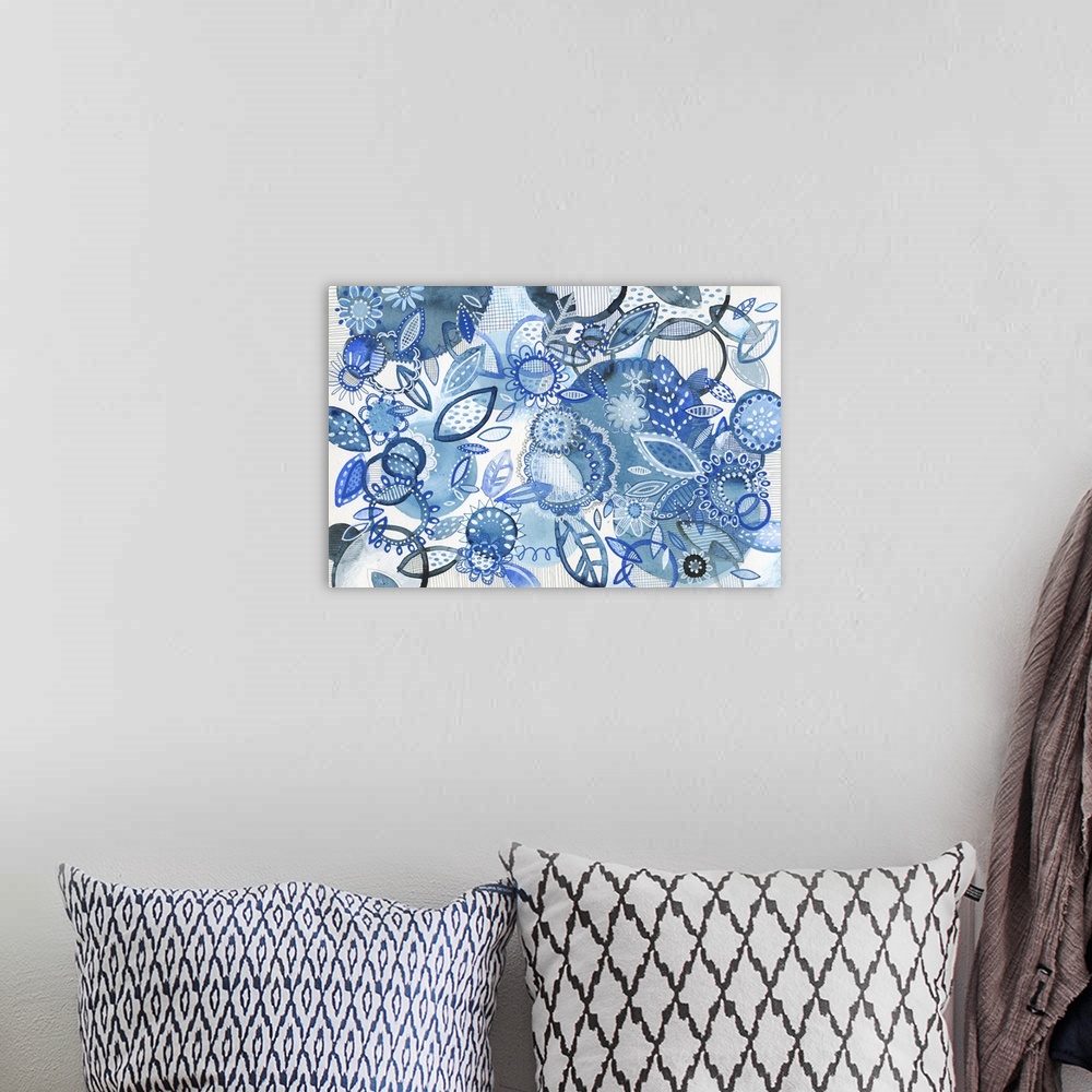 A bohemian room featuring Floral abstract Watercolor in shades of indigo. Mixed Media.