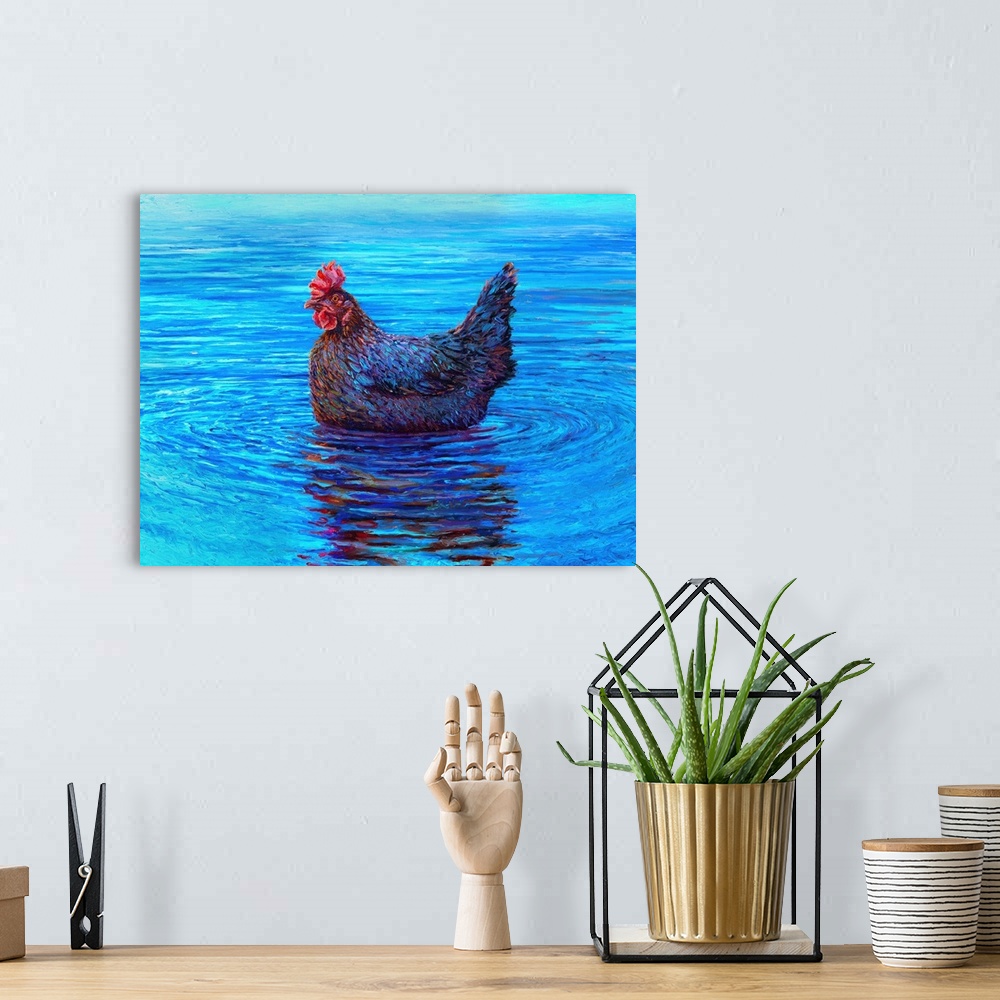 A bohemian room featuring Brightly colored contemporary artwork of a chicken at sea.