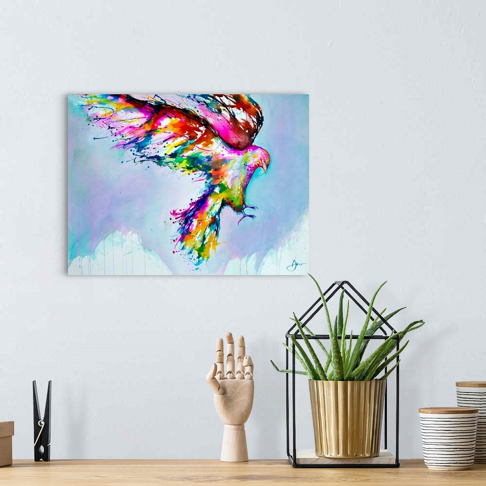 A bohemian room featuring Watercolor and ink painting of a colorful bird in flight in the sky.