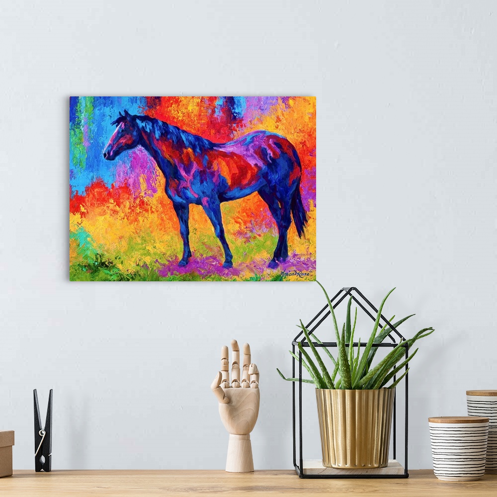 A bohemian room featuring Brightly colored painting of a domestic female horse in a pasture, done in extremely saturated co...