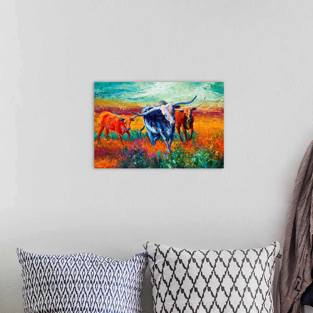A bohemian room featuring Impressionalistic painting of three longhorn cattle walking in a field. Mixture of cool and warm ...
