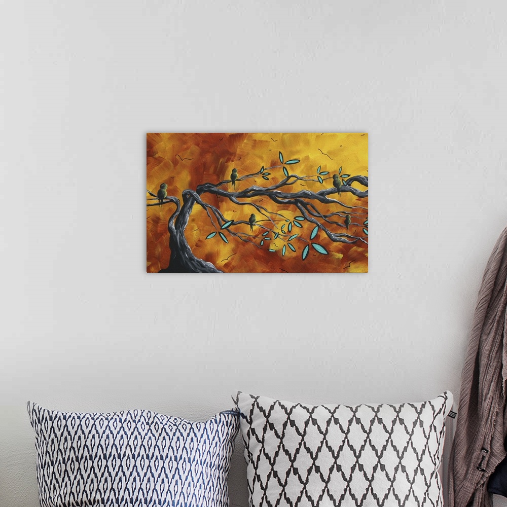 A bohemian room featuring Canvas painting of five birds sitting on tree branches with a warm sunset made up of broad brush ...