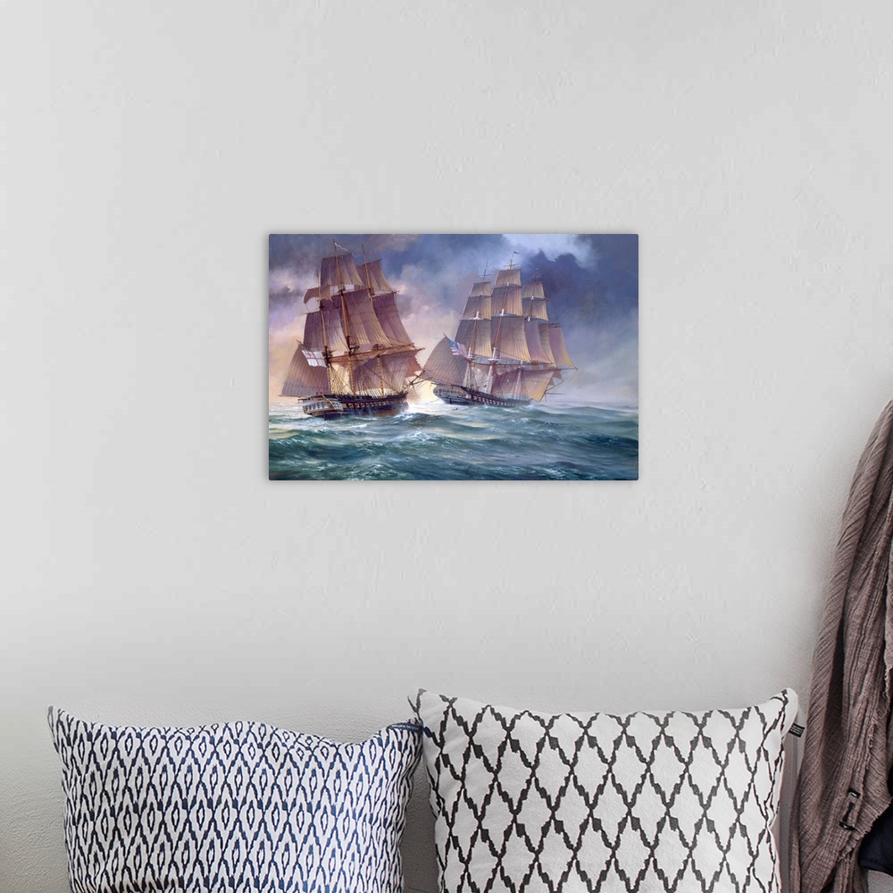 A bohemian room featuring Painting of of an old naval vessels in the heat of battle.