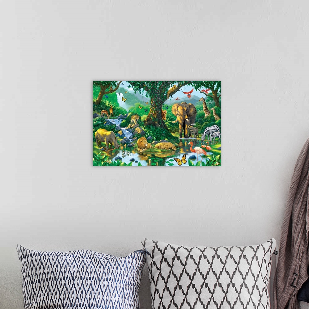 A bohemian room featuring Fantasy painting featuring various jungle animals gathered together at a watering hole beneath th...