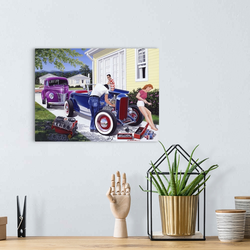 A bohemian room featuring Painting of three people working on a 1932 Ford hot rod in the late 1950s on canvas.