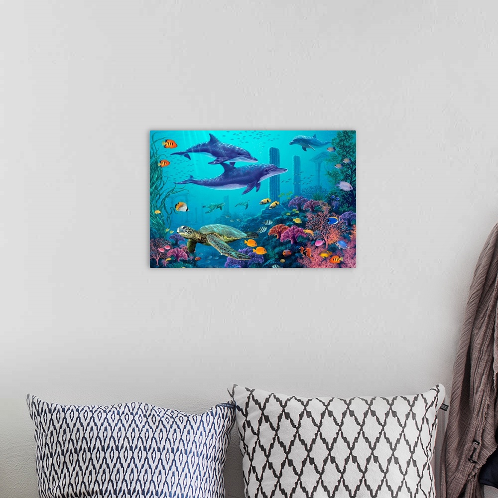 A bohemian room featuring Big, horizontal artwork of underwater remnants of Atlantis, surrounded by vibrant coral and tropi...