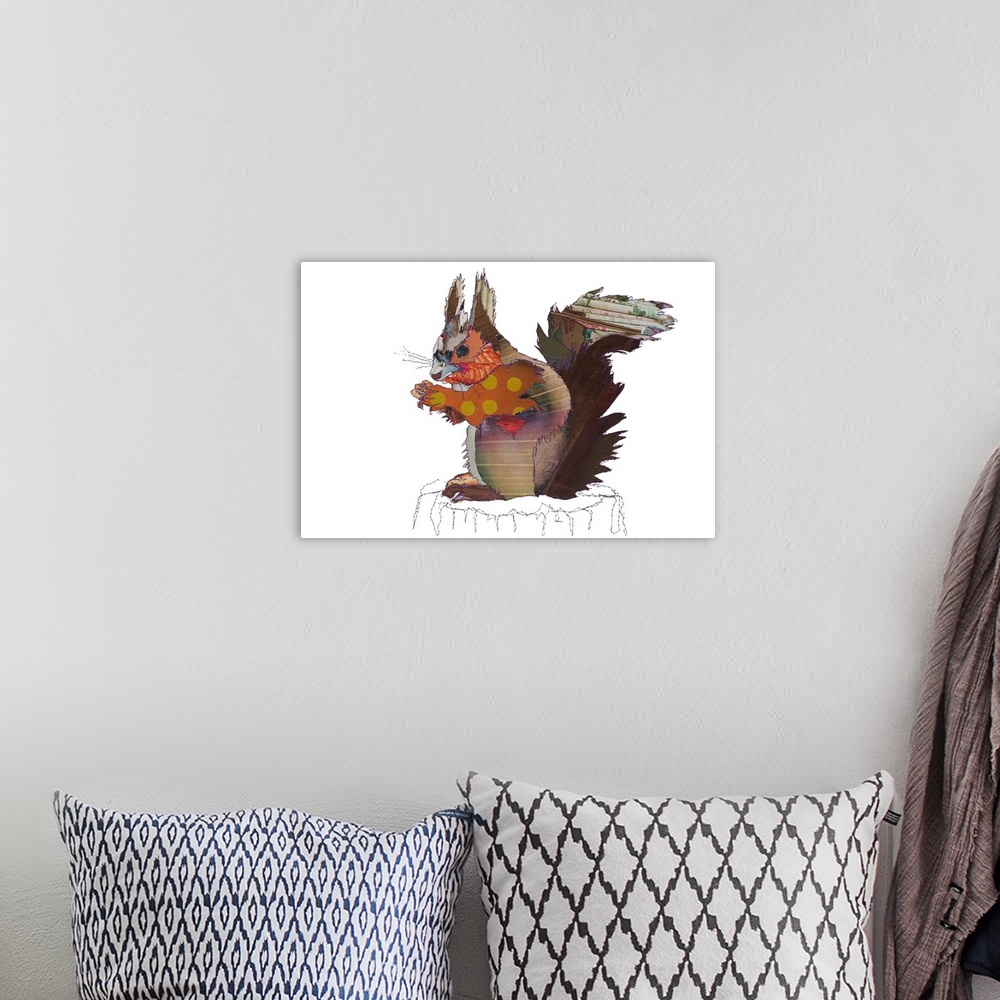 A bohemian room featuring Horizontal artwork of a squirrel in a collage style outlined in stitches.