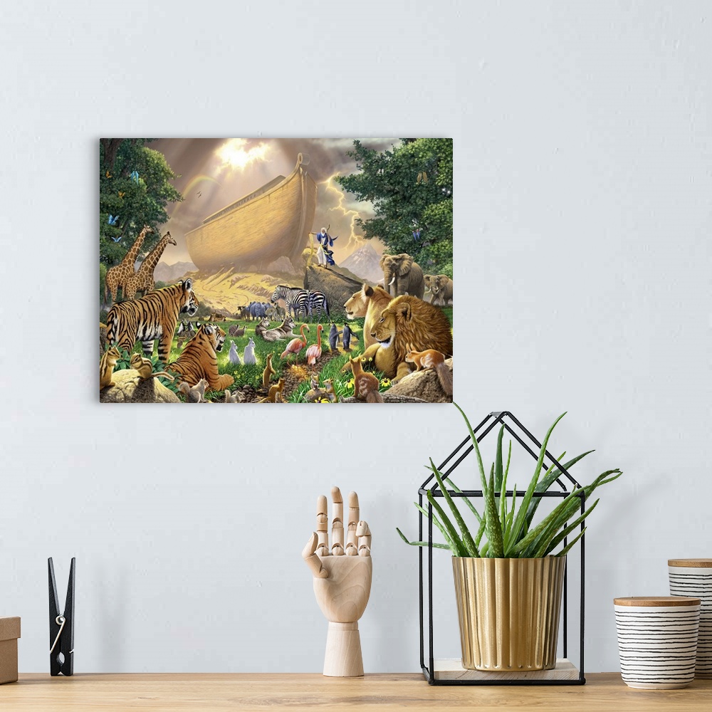 A bohemian room featuring Horizontal, oversized art of Noah's ark towering in the background beneath a mostly cloudy sky.  ...