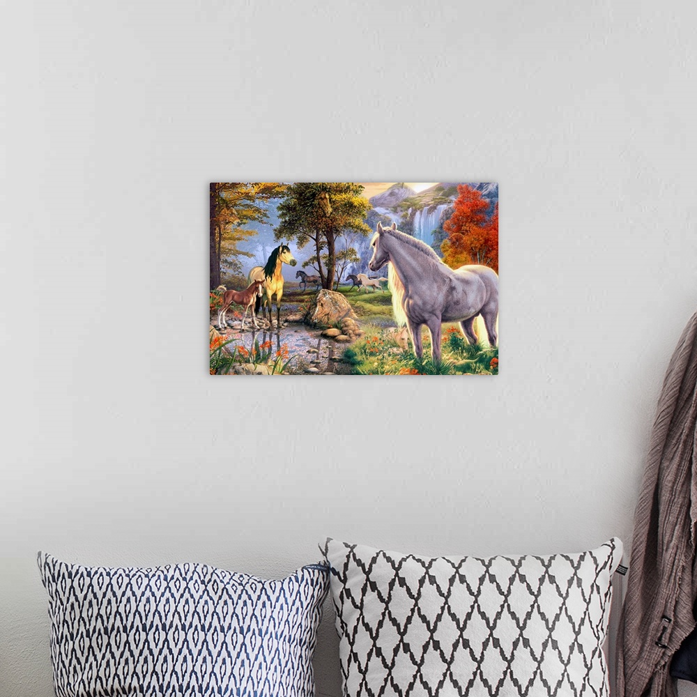 A bohemian room featuring The image depicts a rock pool situated in an idyllic valley surrounded by horses. It also feature...