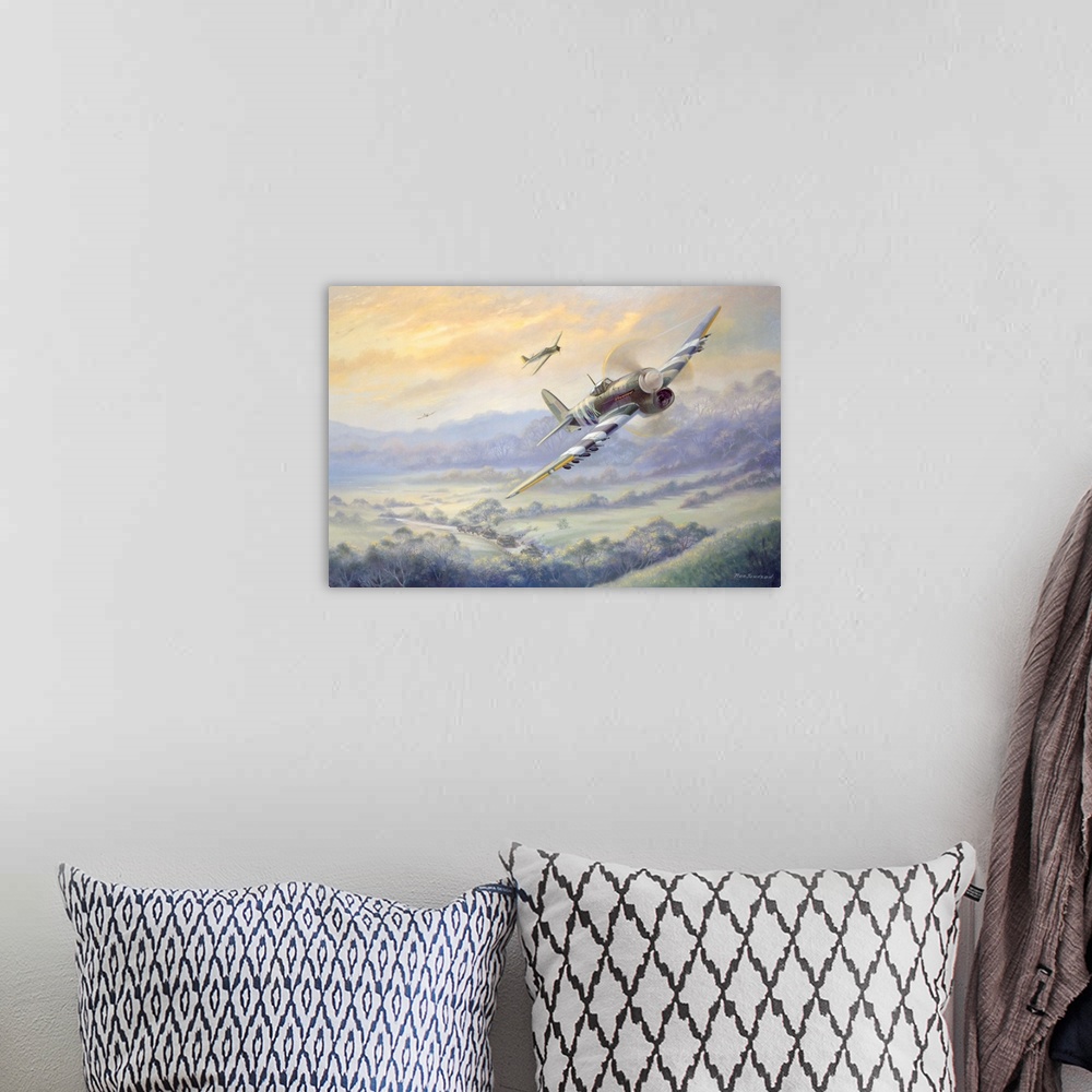 A bohemian room featuring Contemporary artwork of military fighter planes flying over a rural landscape with tank caravan m...