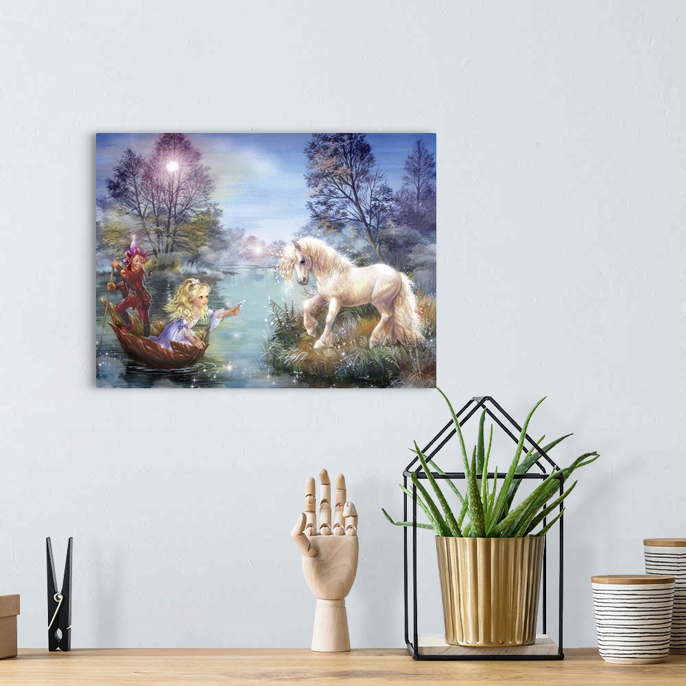 A bohemian room featuring Fantasy style artwork of a little girl in a large floating leaf as she holds out her hand with an...
