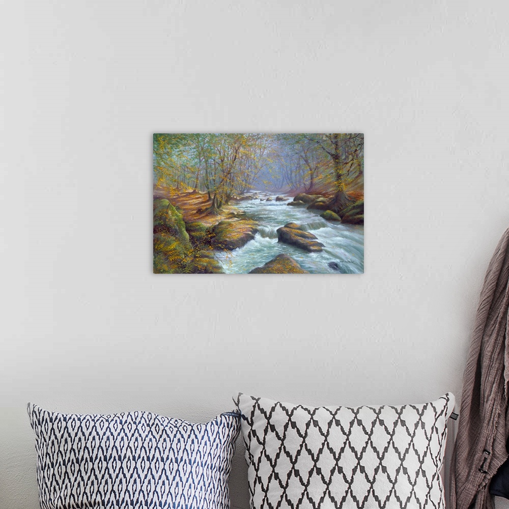 A bohemian room featuring Contemporary painting of a river moving quickly through a forest.