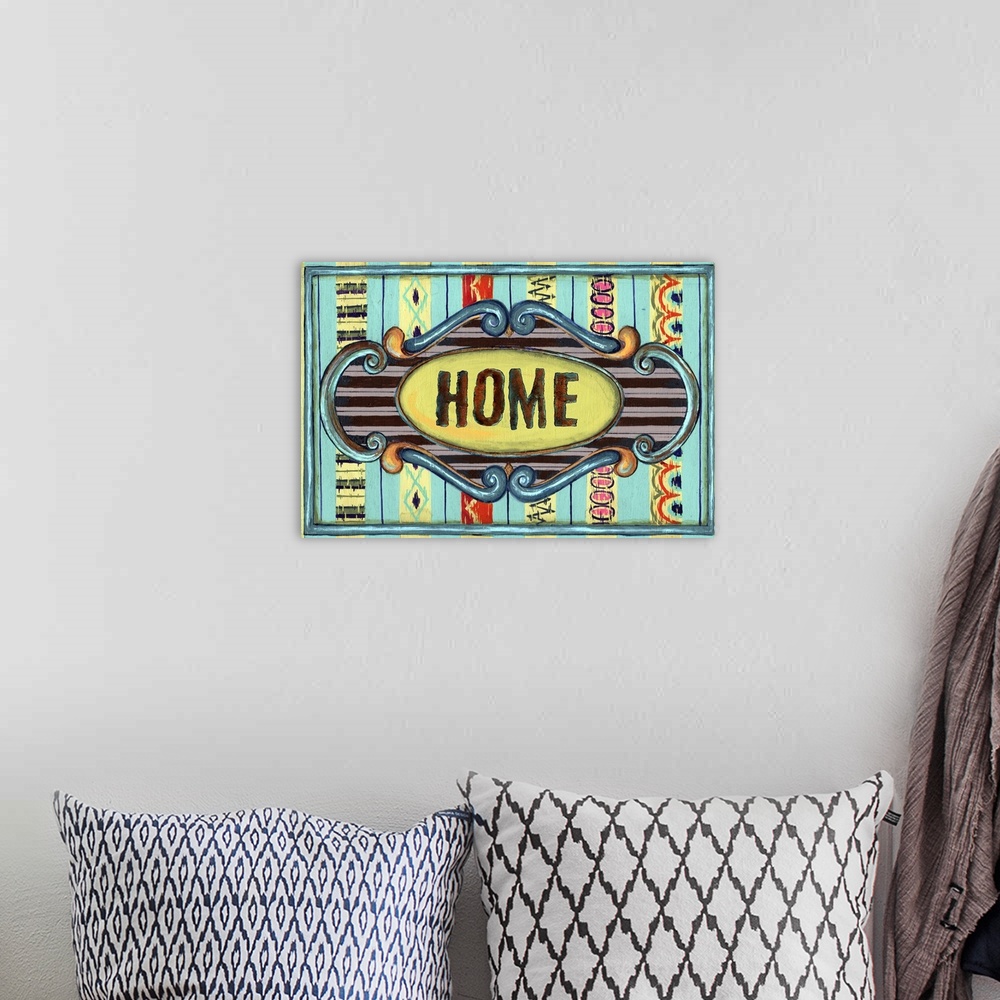 A bohemian room featuring Contemporary colorful sentiment typography artwork.