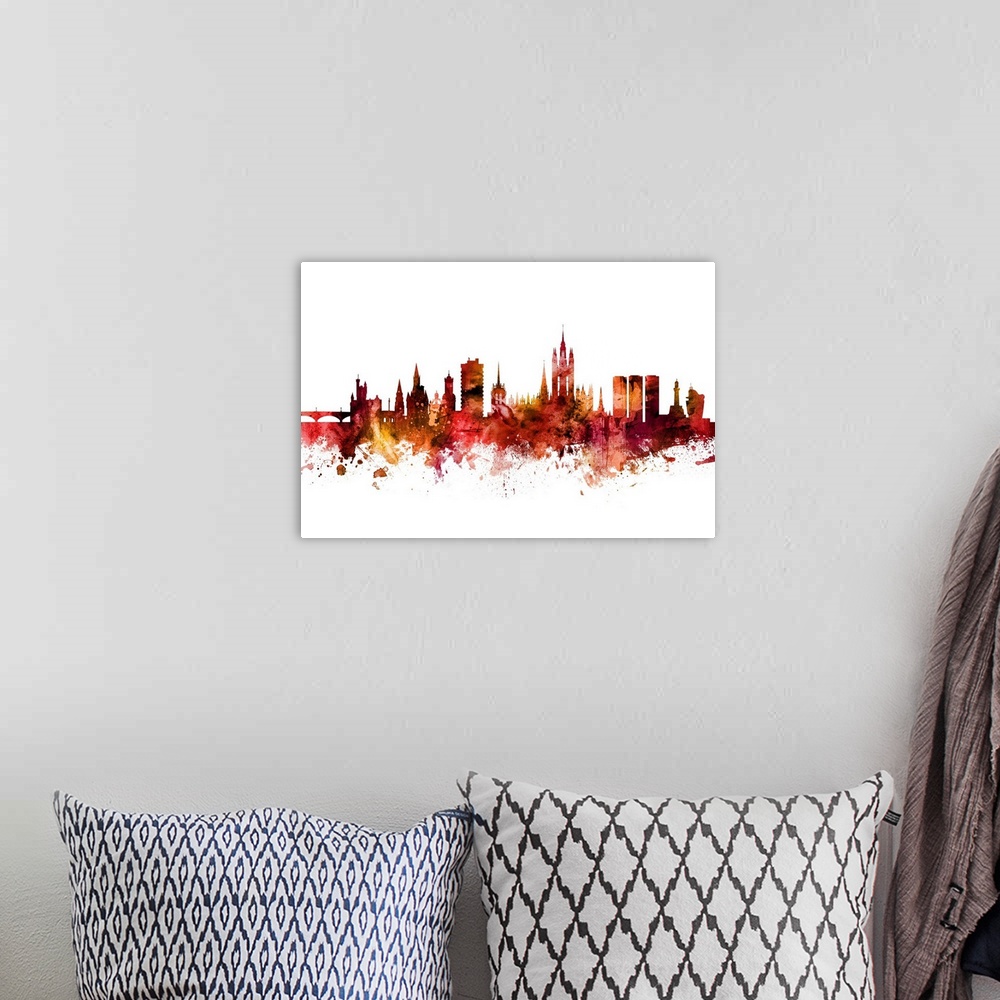 A bohemian room featuring Watercolor art print of the skyline of Aberdeen, Scotland, United Kingdom.