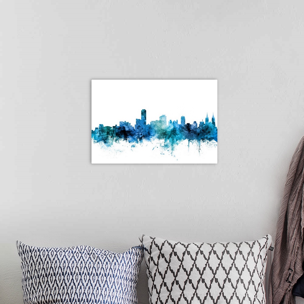 A bohemian room featuring Watercolor art print of the skyline of Adelaide, South Australia, Australia.