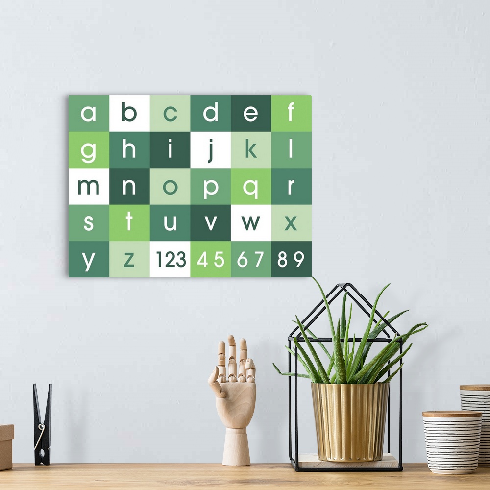 A bohemian room featuring Alphabet and numbers canvas print in shades of green. Contemporary design for kids and children's...