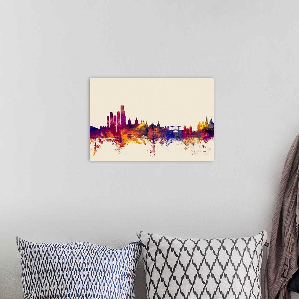 A bohemian room featuring Contemporary artwork of the Amsterdam city skyline in watercolor paint splashes.