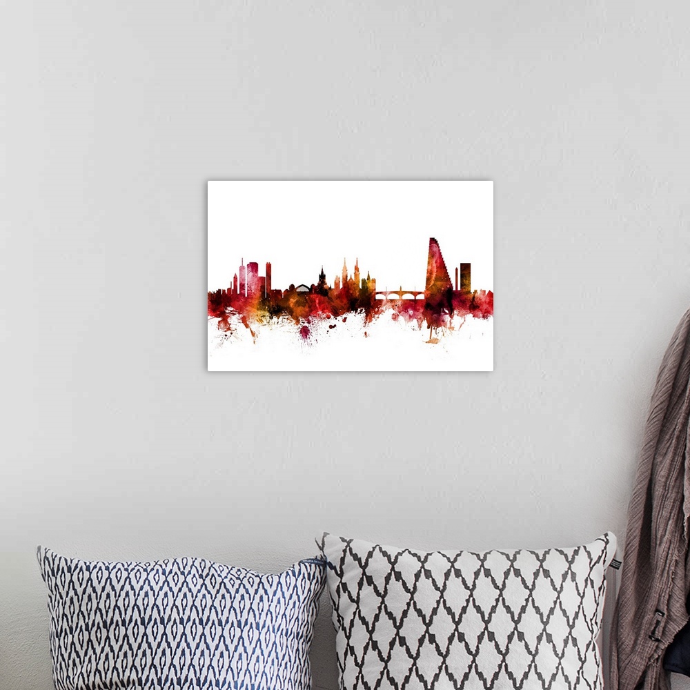 A bohemian room featuring Watercolor art print of the skyline of Basel, Switzerland.
