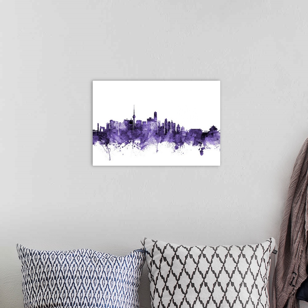 A bohemian room featuring Watercolor art print of the skyline of Beijing, China