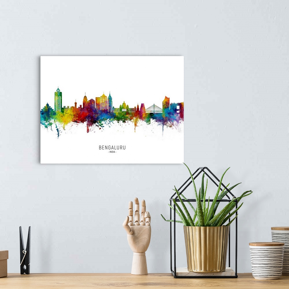 A bohemian room featuring Watercolor art print of the skyline of Bengaluru, India
