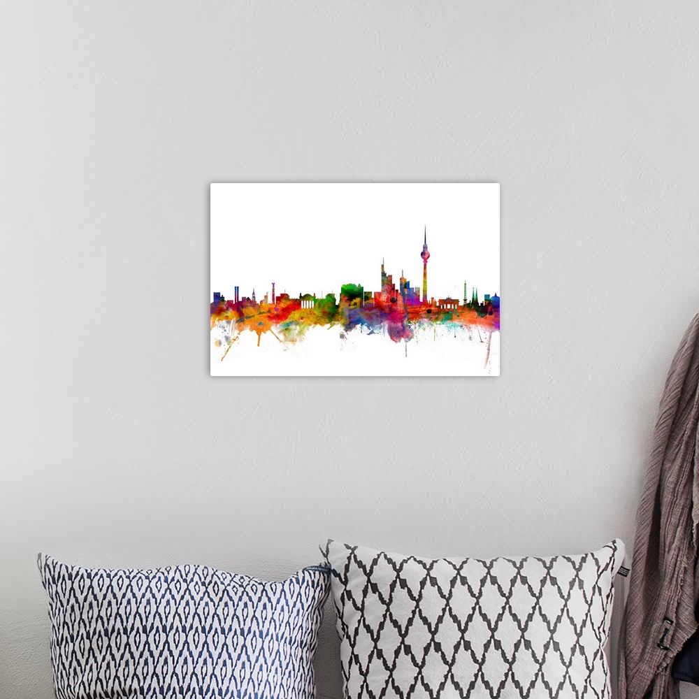 A bohemian room featuring Watercolor artwork of the Berlin skyline against a white background.