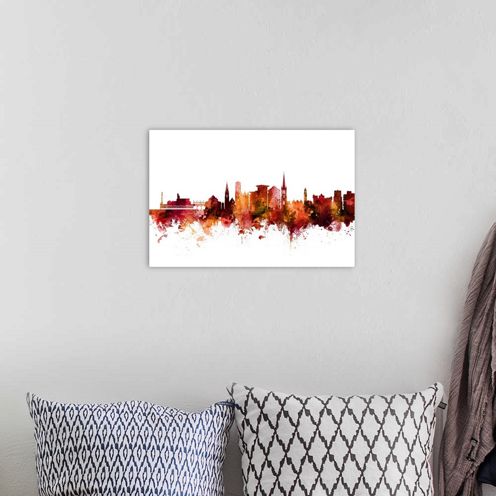 A bohemian room featuring Watercolor art print of the skyline of Bournemouth, England, United Kingdom.