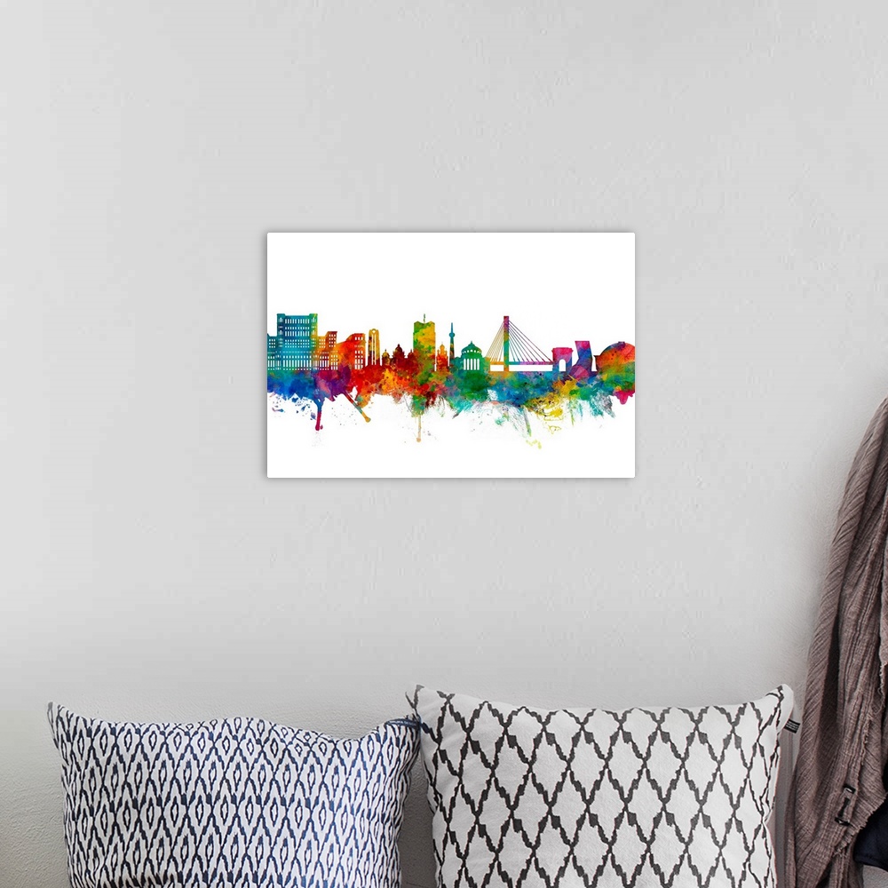 A bohemian room featuring Watercolor art print of the skyline of Bucharest, Romania.