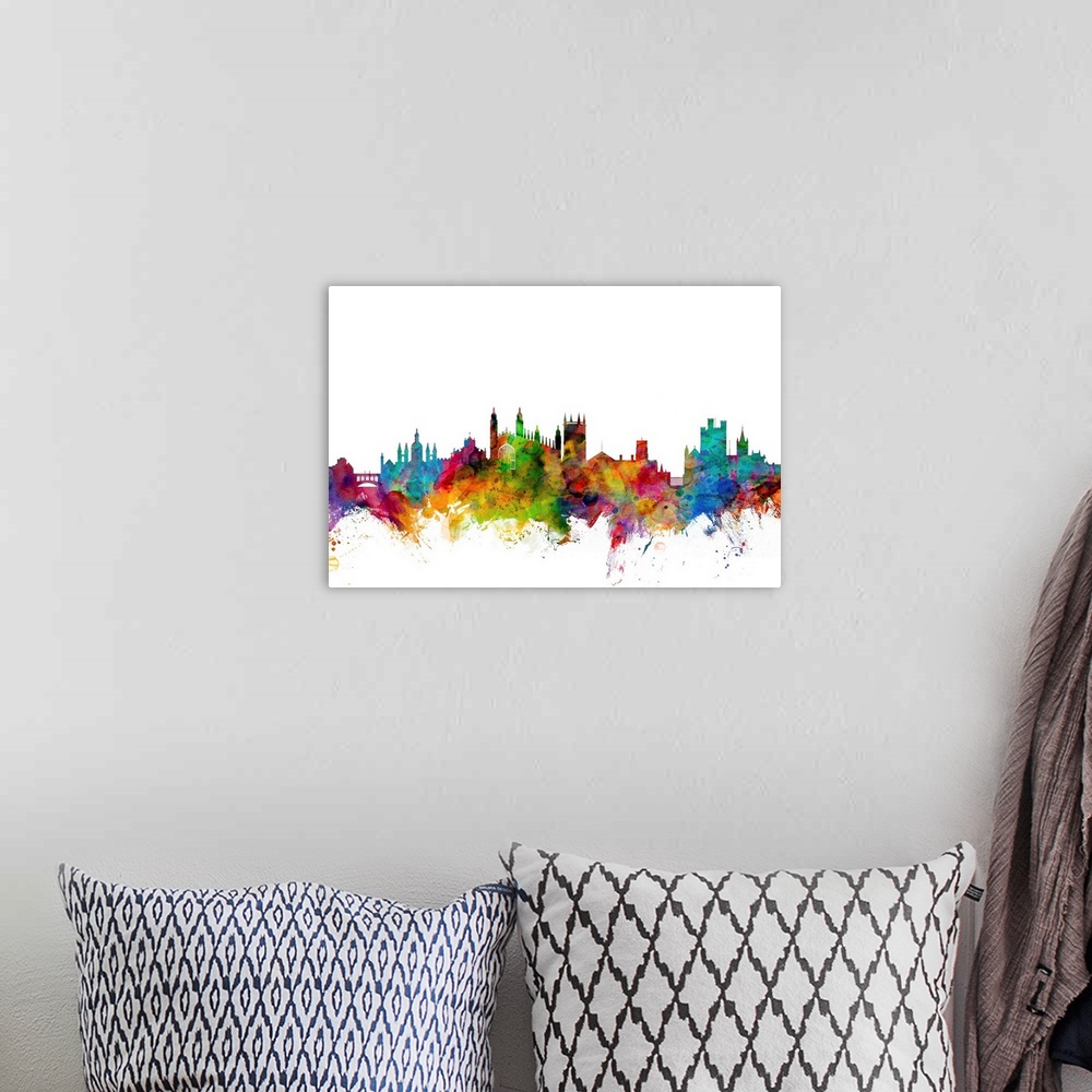 A bohemian room featuring Contemporary piece of artwork of the Cambridge skyline made of colorful paint splashes.