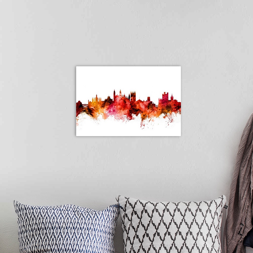A bohemian room featuring Watercolor art print of the skyline of Cambridge, England, United Kingdom.