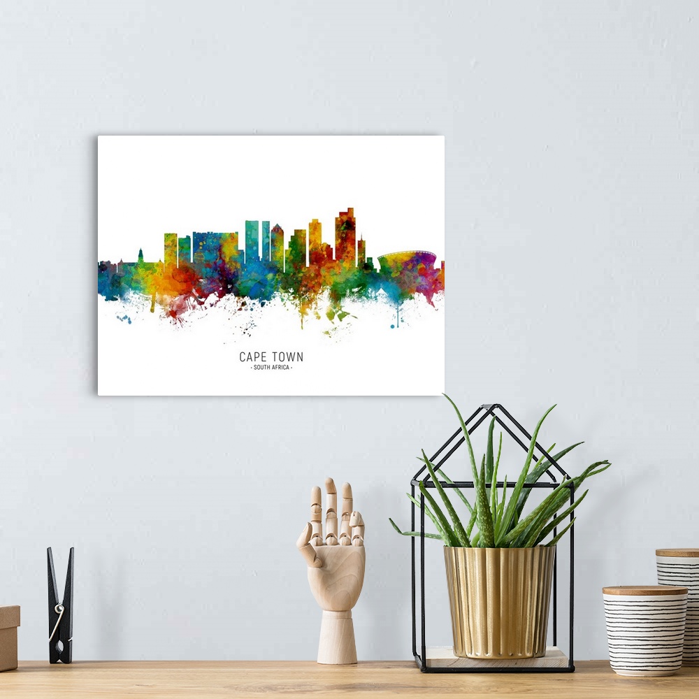 A bohemian room featuring Watercolor art print of the skyline of Cape Town, South Africa.