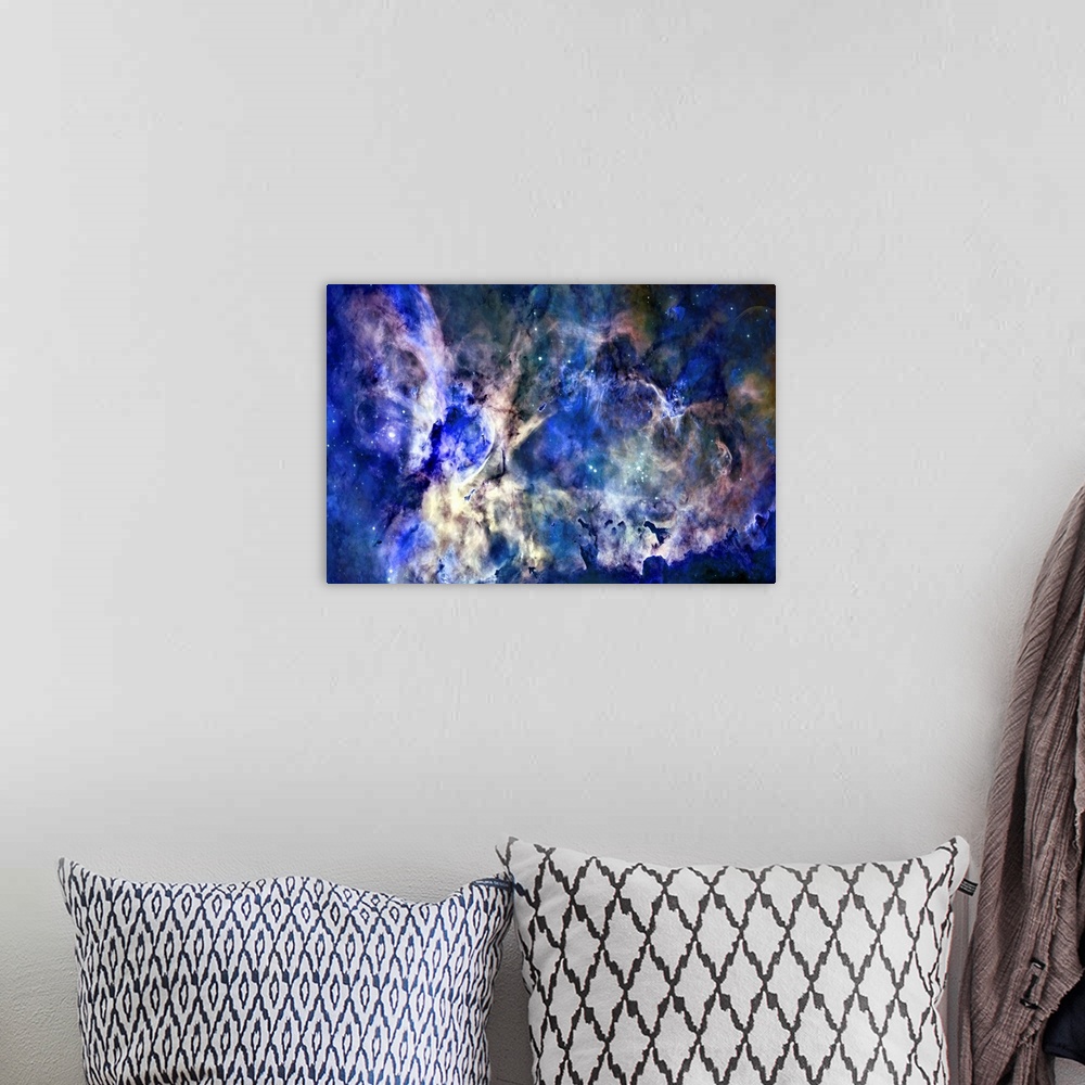 A bohemian room featuring Big space art showcases a nebula as it surrounds several open clusters of bright stars, two of wh...