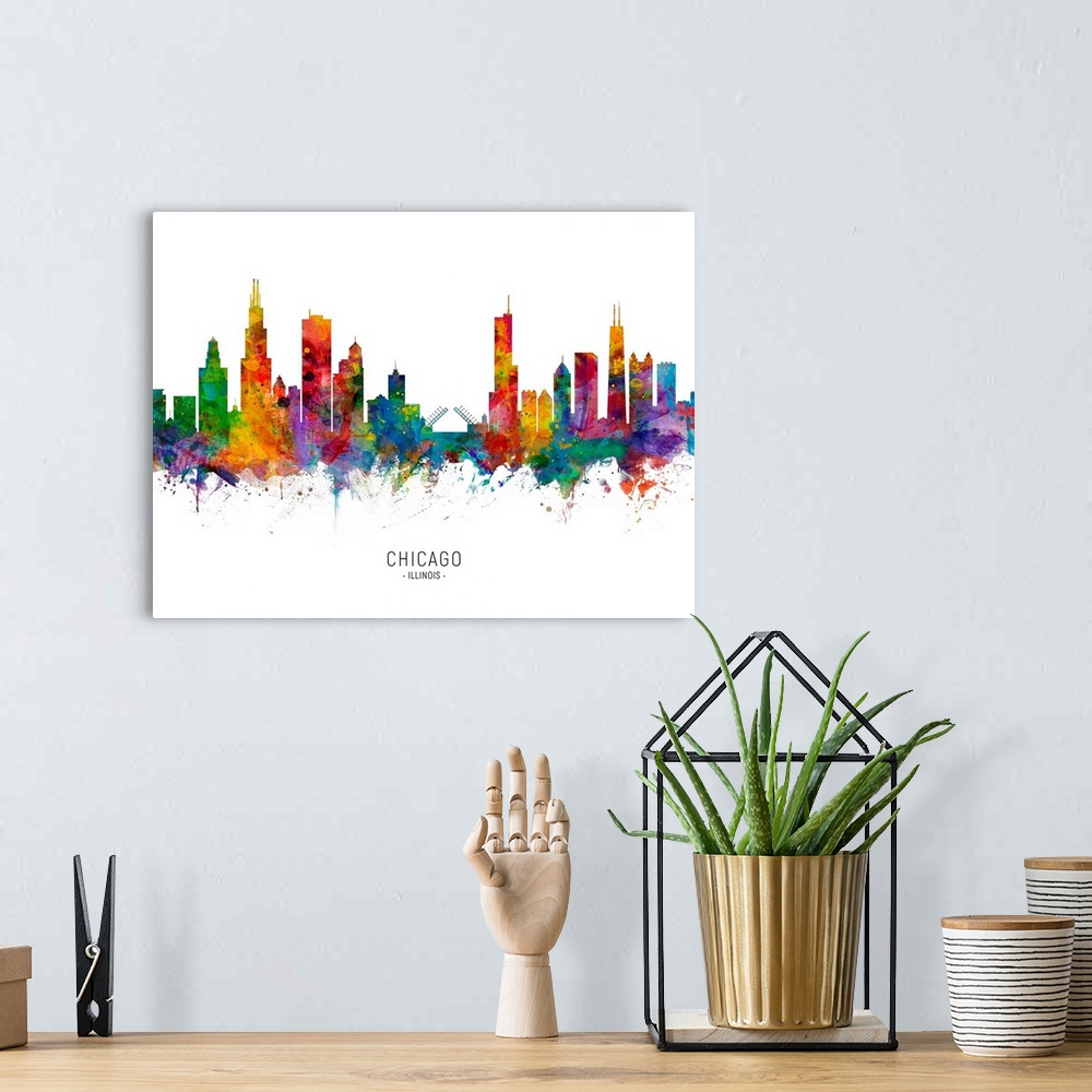 A bohemian room featuring Watercolor art print of the skyline of Chicago, Illinois, United States.