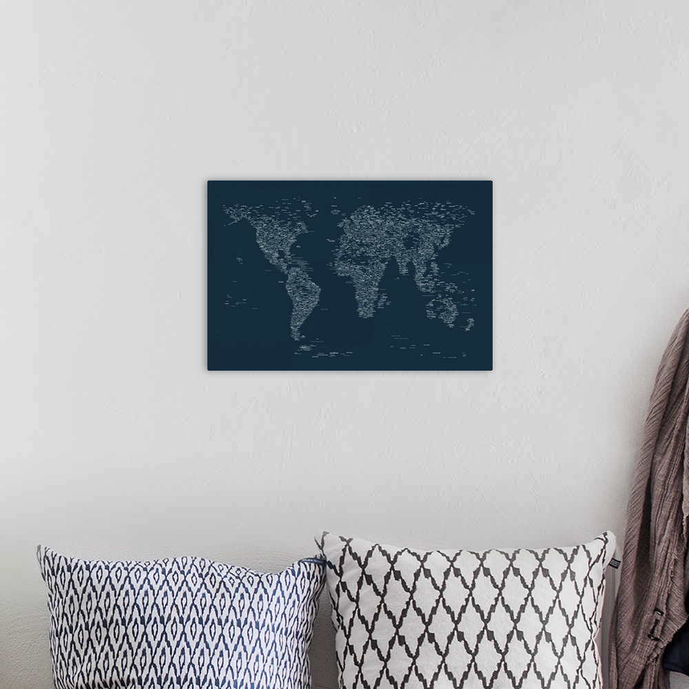 A bohemian room featuring Huge illustration shows a map of Earth by plotting the names of big cities to represent the outli...