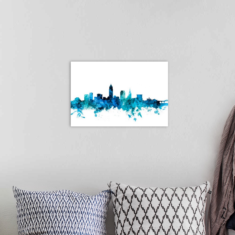 A bohemian room featuring Watercolor art print of the skyline of Cleveland, Ohio, United States.
