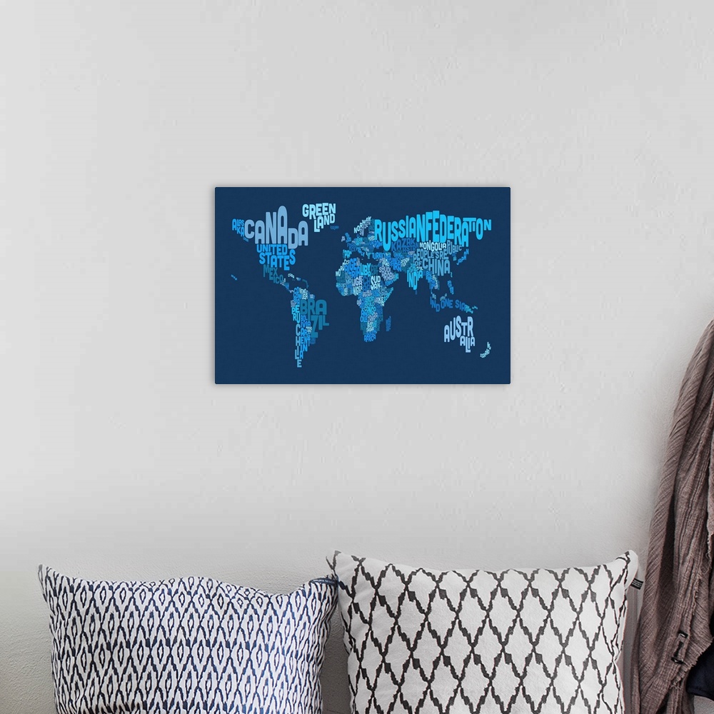 A bohemian room featuring Country Names World Map, Blue
