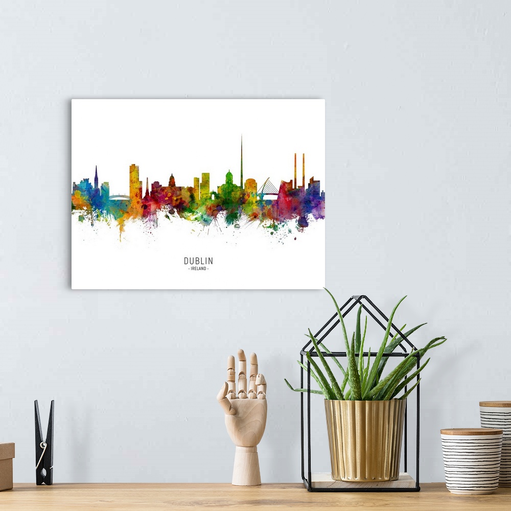 A bohemian room featuring Watercolor art print of the skyline of Dublin, Ireland.