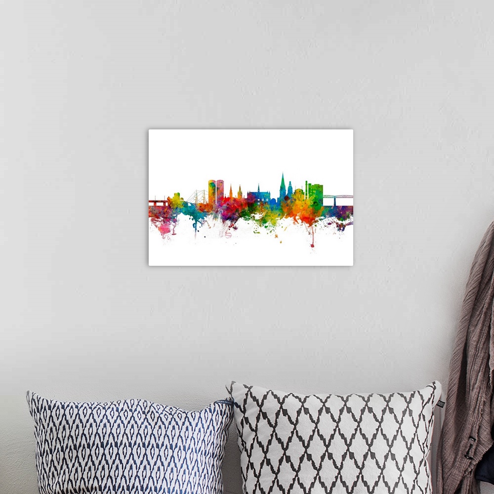 A bohemian room featuring Watercolor art print of the skyline of Dundee, Scotland, United Kingdom.