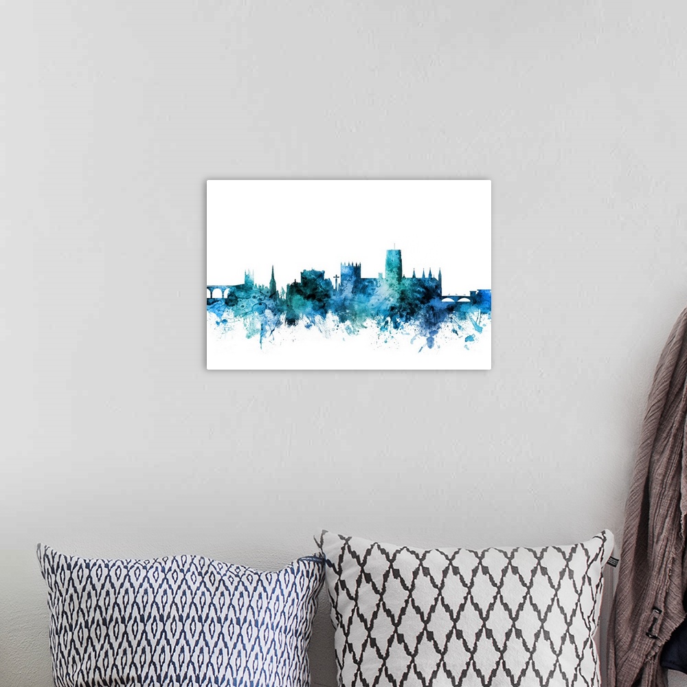 A bohemian room featuring Watercolor art print of the skyline of Durham, England.