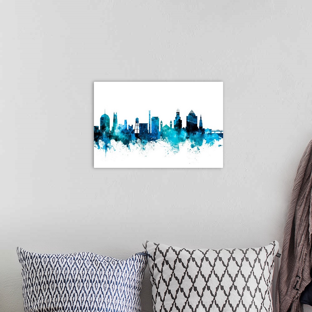 A bohemian room featuring Watercolor art print of the skyline of Durham, North Carolina, United States.