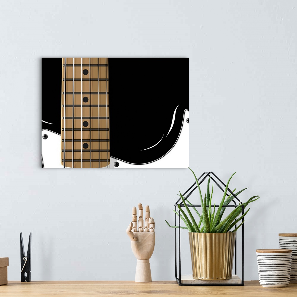 A bohemian room featuring This vector drawing wall art is a close up of a guitaros body and neck.
