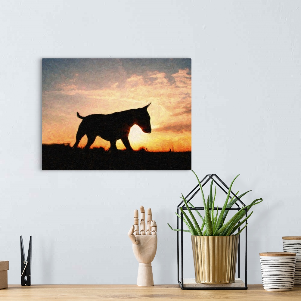 A bohemian room featuring Oil paint style print of an English Bull Terrier silhouetted against a glorious sunset.