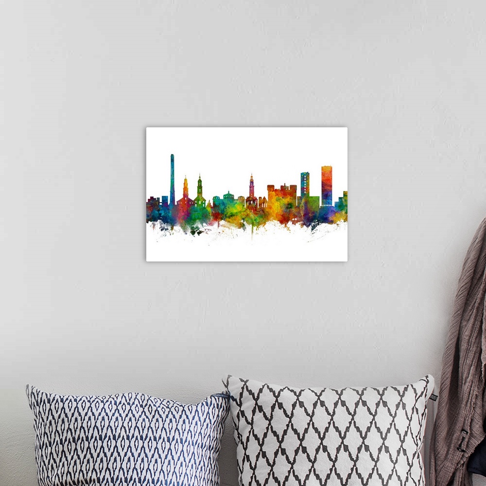 A bohemian room featuring Watercolor art print of the skyline of Erlangen, Germany.