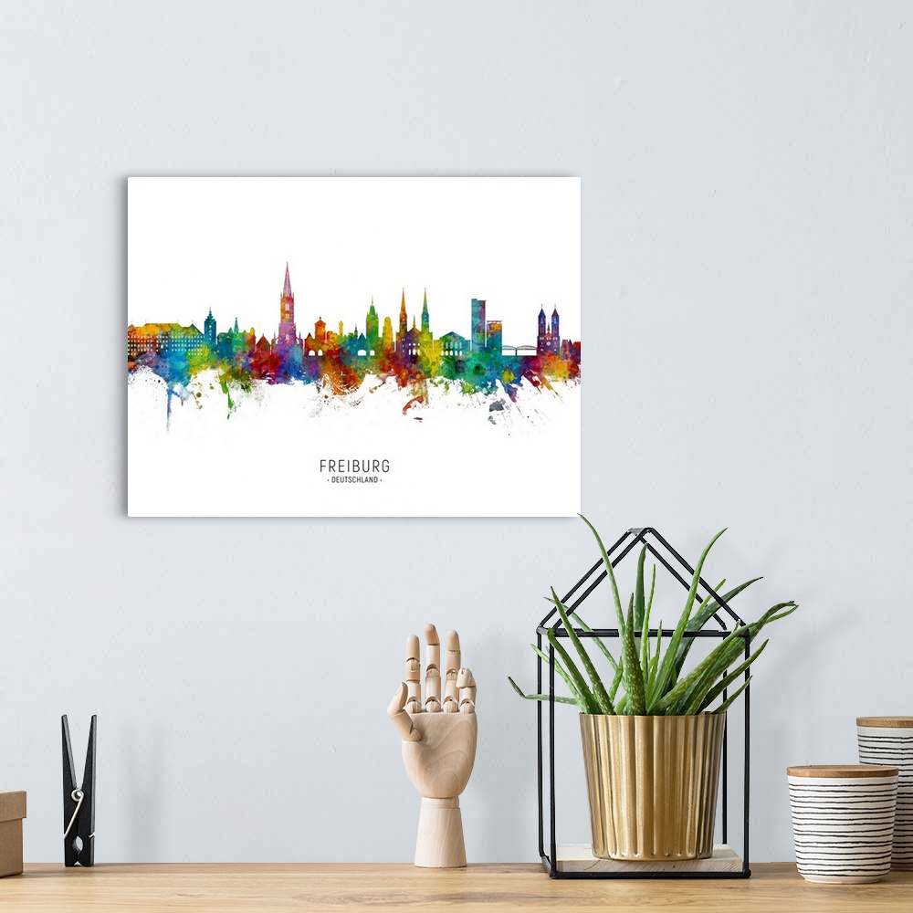 A bohemian room featuring Watercolor art print of the skyline of Freiburg, Germany