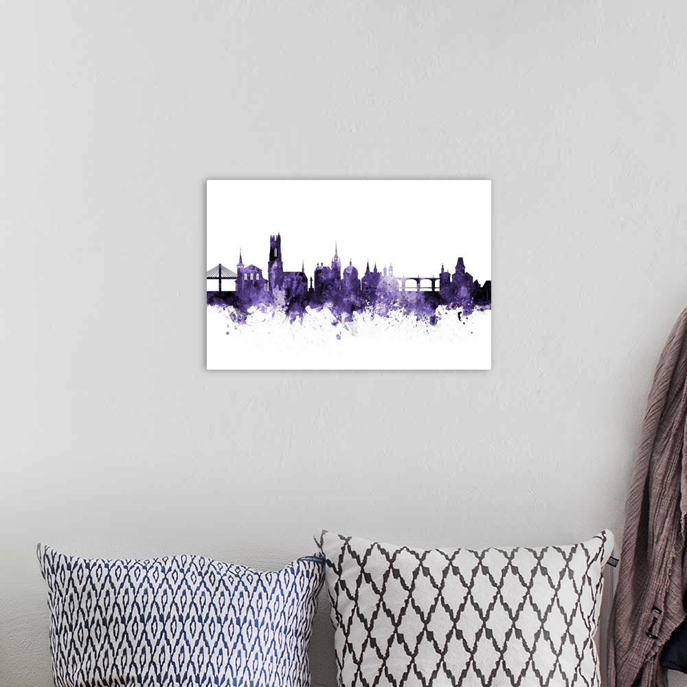 A bohemian room featuring Watercolor art print of the skyline of Fribourg, Switzerland